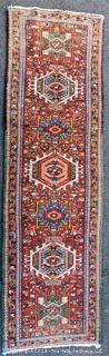 Hand Woven Wool Persian Heriz Runner Area Rug on Red Ground and Green Edge.  29" x 100"