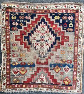 Hand Woven  Wool Persian Area Rug Blue on Red Ground. Condition issues. 39" x 47"