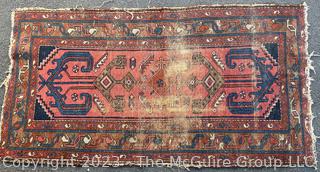 Hand Woven Wool Persian Kazak Area Rug, Blue on Red Ground with Wear Spots. 36" x 65"