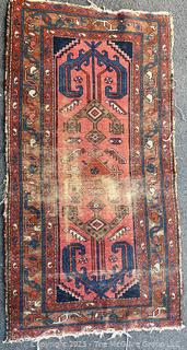 Hand Woven Wool Persian Kazak Area Rug, Blue on Red Ground with Wear Spots. 36" x 65"