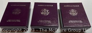 American Eagle One Ounce Proof Silver Bullion Coin. Years 1988, 1989, 1990 (x3)