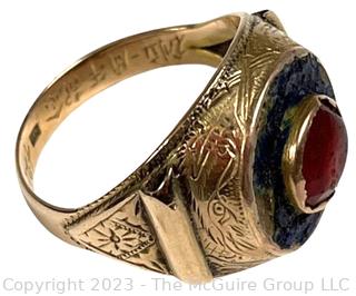 Antique Chinese 18kt Yellow Gold Memorial Ring with Gemstone Center 