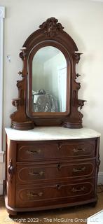 Victorian Walnut 3 Drawer Marble Top Dresser With Mirror And Glove Boxes.  44"W x 84"T x 20"D