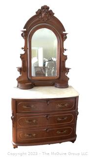 Victorian Walnut 3 Drawer Marble Top Dresser With Mirror And Glove Boxes.  44"W x 84"T x 20"D