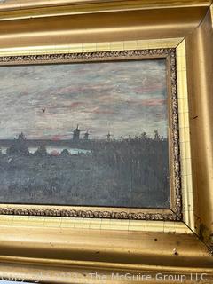 Giltwood Framed Oil on Canvas Dutch Landscape (Windmills) Signed by Artist A.J. Wiegman.   Damage to canvas.  16.5 x 12.5"