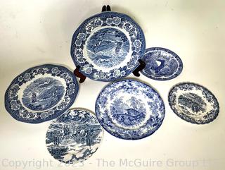 Six (6) Vintage Blue and White Transferware Plates Including Souvenir Plate From Natural Bridge, VA 
