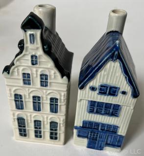 Blue and White Ceramics including Serving Platter and 4 Miniature Delft Houses 