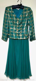 Big 80's Green with Gold Thread Silk Jacket with Skirt Party Dress. 