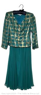 Big 80's Green with Gold Thread Silk Jacket with Skirt Party Dress. 