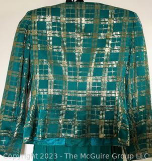 Big 80's Green with Gold Thread Silk Jacket with Skirt Party Dress. 