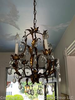 Mid-Century Hollywood Regency Italian Gilt Tole & Crystals Chandelier  {NO SHIPPING}