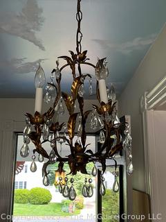 Mid-Century Hollywood Regency Italian Gilt Tole & Crystals Chandelier  {NO SHIPPING}