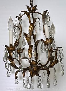 Mid-Century Hollywood Regency Italian Gilt Tole & Crystals Chandelier  {NO SHIPPING}