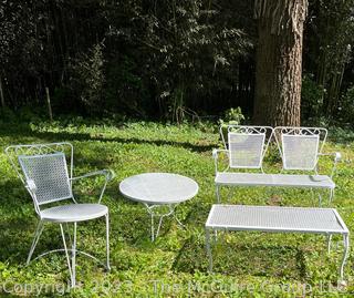 White Metal Mesh Two (2) Tables, Bench and Chair Outdoor Patio Furniture. Freshly painted.