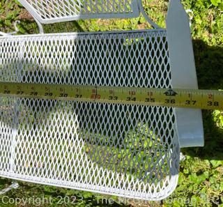 White Metal Mesh Two (2) Tables, Bench and Chair Outdoor Patio Furniture. Freshly painted.