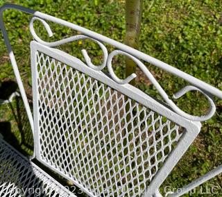 White Metal Mesh Two (2) Tables, Bench and Chair Outdoor Patio Furniture. Freshly painted.