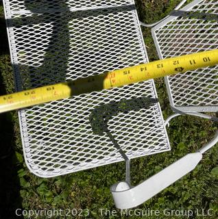 White Metal Mesh Two (2) Tables, Bench and Chair Outdoor Patio Furniture. Freshly painted.