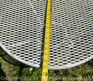 White Metal Mesh Two (2) Tables, Bench and Chair Outdoor Patio Furniture. Freshly painted.