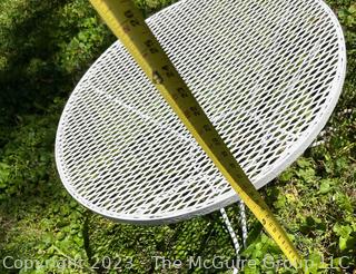 White Metal Mesh Two (2) Tables, Bench and Chair Outdoor Patio Furniture. Freshly painted.