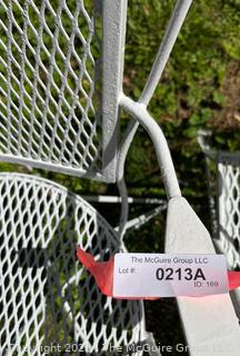 White Metal Mesh Two (2) Tables, Bench and Chair Outdoor Patio Furniture. Freshly painted.