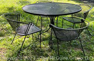 Metal Mesh Round Table & Four (4) Barrel Back Arm Chairs Outdoor Patio Furniture. 