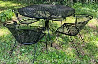 Metal Mesh Round Table & Four (4) Barrel Back Arm Chairs Outdoor Patio Furniture. 