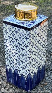 Chinese Porcelain Umbrella Stand With Blue & White Design and Brass Lid. {NO SHIPPING}