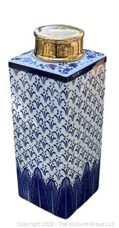 Chinese Porcelain Umbrella Stand With Blue & White Design and Brass Lid. {NO SHIPPING}