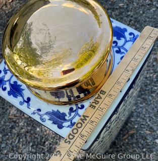 Chinese Porcelain Umbrella Stand With Blue & White Design and Brass Lid. {NO SHIPPING}