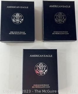 American Eagle One Ounce Proof Silver Bullion Coin. Years 1996 and 2000 (x3)