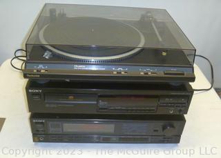 Home Stereo system: SONY receiver; SONY DVD player; and Technics SL-QD35 Quartz Lock Direct-Drive Automatic Turntable (with SHURE stylus). All tested and working properly. Cables included. Pair with the speakers in another lot.