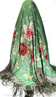 Antique Silk Flower Embroidered Piano Shawl With Fringe