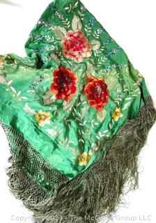 Antique Silk Flower Embroidered Piano Shawl With Fringe