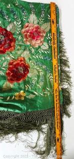 Antique Silk Flower Embroidered Piano Shawl With Fringe