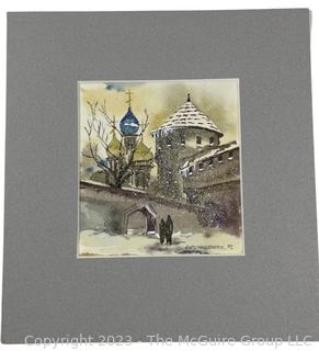 Unframed Matted Watercolor of Winter Snow Scene in Eastern Europe, 1992.  8 3/4" x 8 1/4"