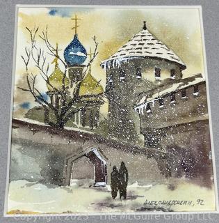 Unframed Matted Watercolor of Winter Snow Scene in Eastern Europe, 1992.  8 3/4" x 8 1/4"