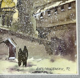 Unframed Matted Watercolor of Winter Snow Scene in Eastern Europe, 1992.  8 3/4" x 8 1/4"