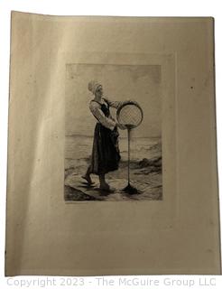 Unframed La Guillermie Etching "Young Girl Harvesting Buckwheat" c 1800's