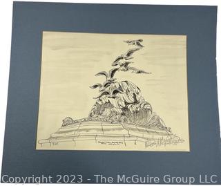 Unframed with Mat Etching of Memorial to Navy and Merchant Marine Sailors, Located Between George Washington Parkway and the Potomac River Signed by Artist, 1979.  14" x 17".