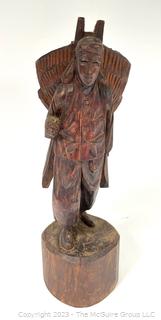 Asian Carved Wood Sculpture of Farmer Carrying Wheat. 16" tall