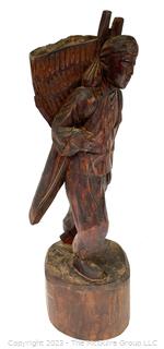 Asian Carved Wood Sculpture of Farmer Carrying Wheat. 16" tall