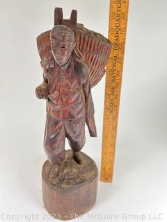 Asian Carved Wood Sculpture of Farmer Carrying Wheat. 16" tall