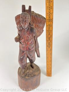 Asian Carved Wood Sculpture of Farmer Carrying Wheat. 16" tall