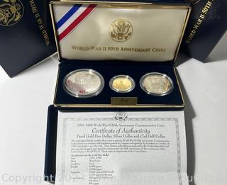 United States Mint World war II 50th Anniversary Three Coin Proof Set including 5 Dollar Gold Coin 