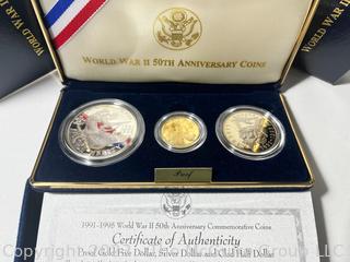 United States Mint World war II 50th Anniversary Three Coin Proof Set including 5 Dollar Gold Coin 