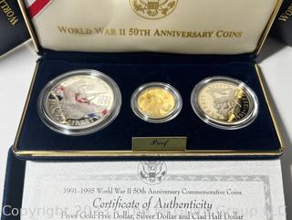 United States Mint World war II 50th Anniversary Three Coin Proof Set including 5 Dollar Gold Coin 