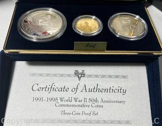 United States Mint World war II 50th Anniversary Three Coin Proof Set including 5 Dollar Gold Coin 