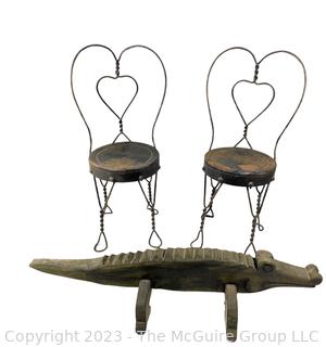 Two (2) Decorative Wire Parlor Chairs and Carved Wooden Aligator.