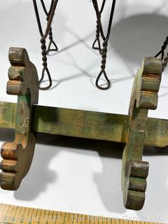 Two (2) Decorative Wire Parlor Chairs and Carved Wooden Aligator.