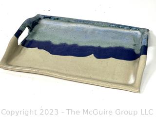 Artisan Made Pottery Tray or Platter in Blue & White with Mark on Bottom. 9.5 x 13"